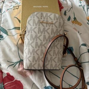 Michael Kors Beige White Logo Crossbody Phone Bag with Brown Strap